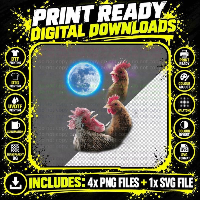 Three Chicken Howling at Moon - Funny Chicken Lovers Png SVG Digital Bundle