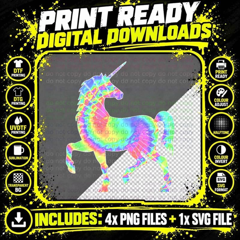 Tie-Dye Unicorn Color Magical Horse Cute Silhouette Pink Png SVG Digital Bundle