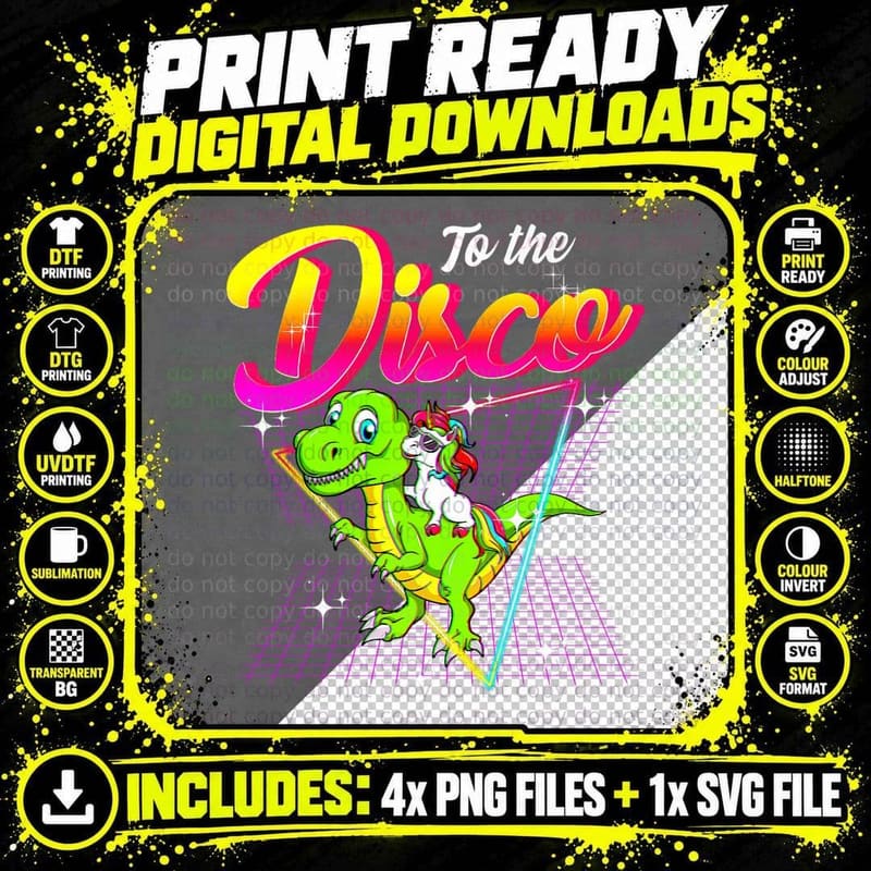 To the Disco the Unicorn Tells the Dinosaur Cute Png SVG Digital Bundle
