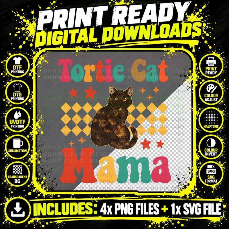 Tortoiseshell Cat Mom Tortie Lady Groovy Tortie Cat Mama Png SVG Digital Bundle