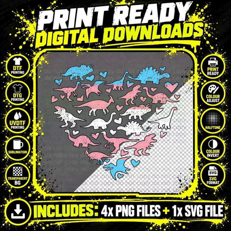 Transgender Heart LGBT-Q Gay Pride Flag Dinosaur Men Png SVG Digital Bundle