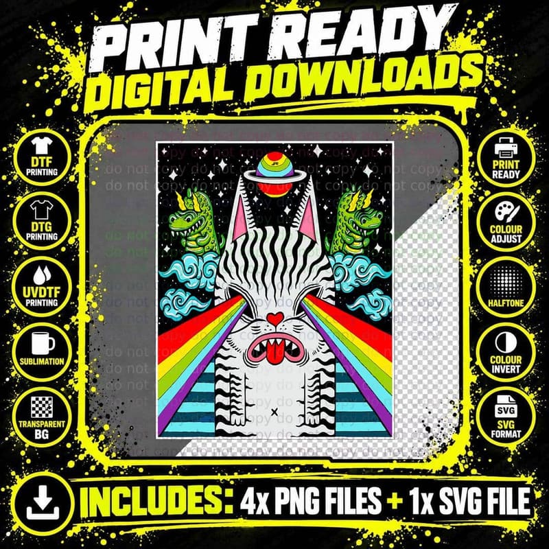 Trippy Psychedelic Rainbow Space Cat Dinosaur Pop Art Png SVG Digital Bundle