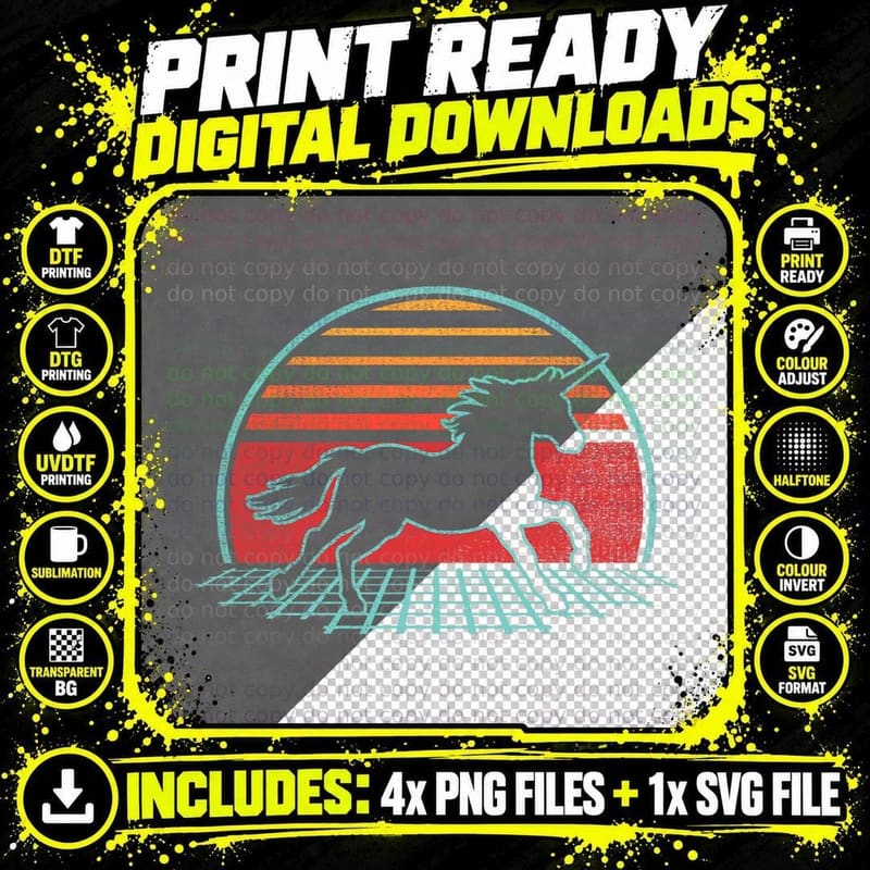 Unicorn Retro Vintage 80s Style Horse Lover Gift T-Shirt Png SVG Digital Bundle