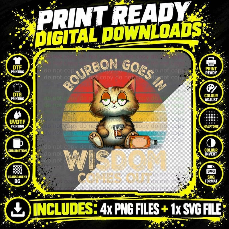 Vintage Cat Whiskey Lovers Adults Drinking Bourbon Goes Png SVG Digital Bundle