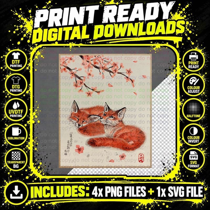 Vintage Japanese Art Fox Cherry Blossom Woodblock Png SVG Digital Bundle