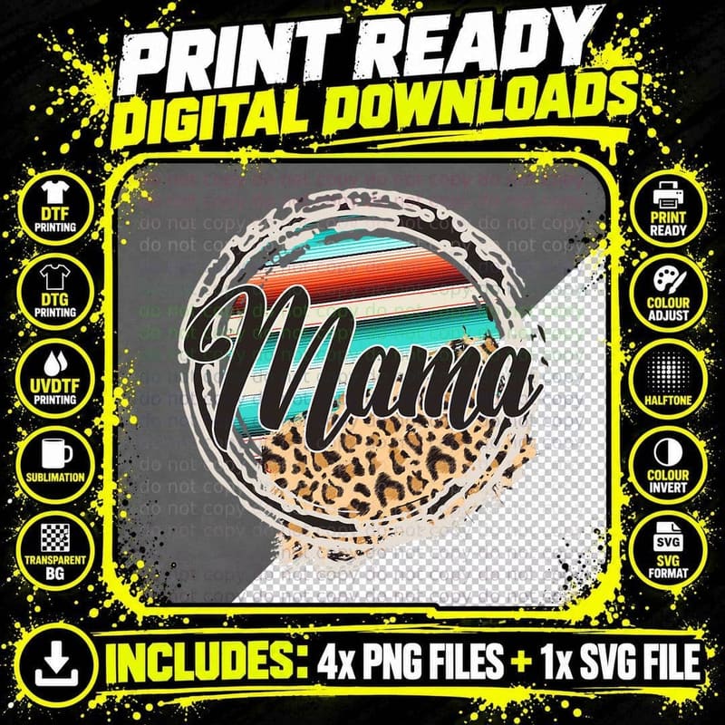 Vintage Mama Serape Leopard Cow Mom Mothers Day Western Png SVG Digital Bundle
