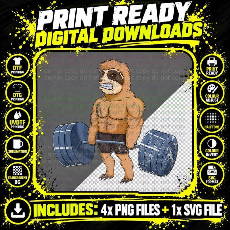 Vintage Sloth Weightlifting Bodybuilder Muscle Fitness Png SVG Digital Bundle