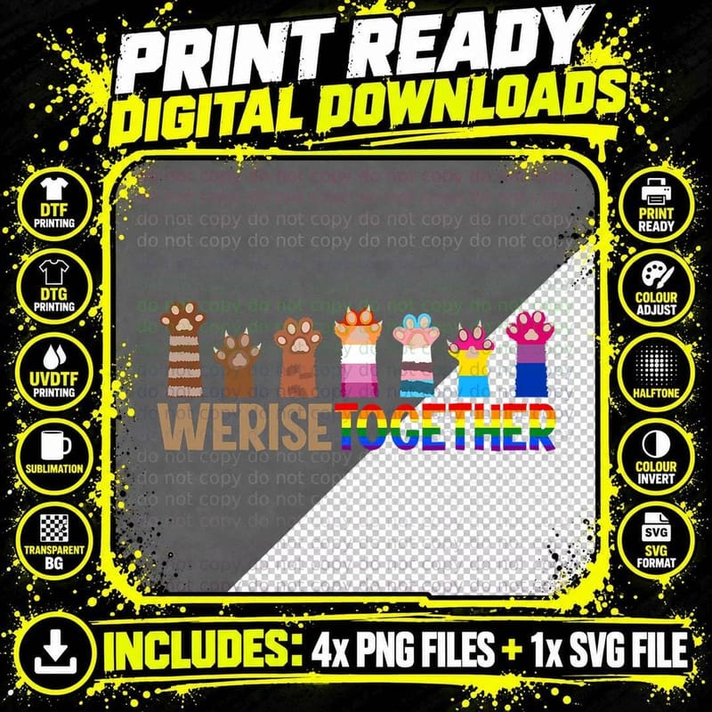 We Rise Together Gay Pride Cat Paw Print Kitten LGBT-Q Png SVG Digital Bundle
