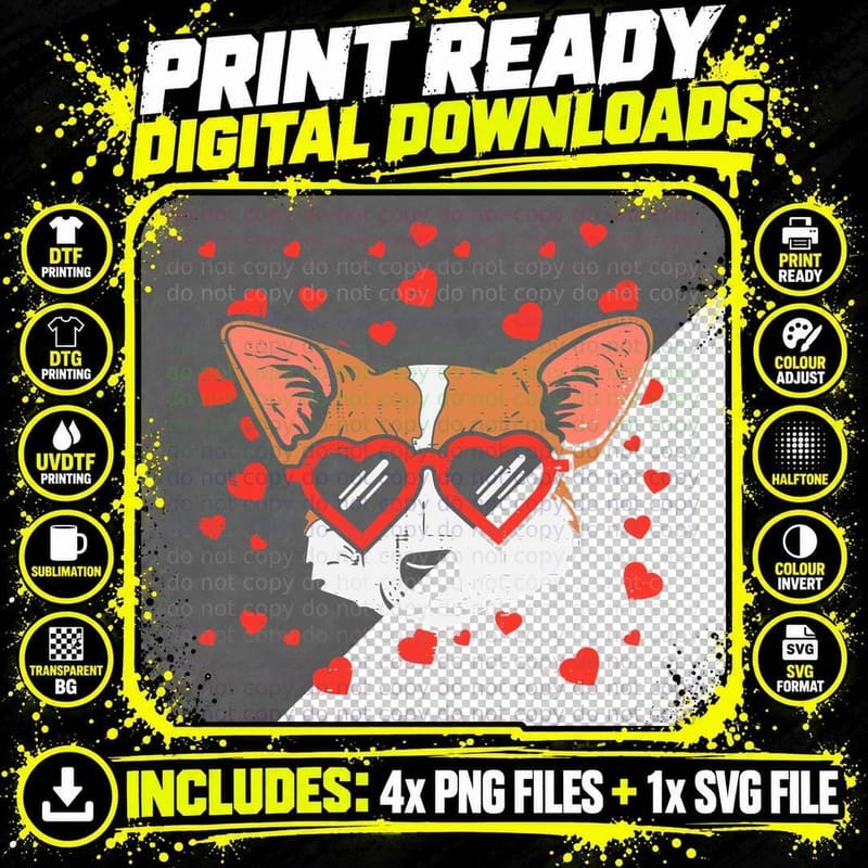 Welsh Corgi Face Heart Glasses Cute Valentines Day Dog Png SVG Digital Bundle