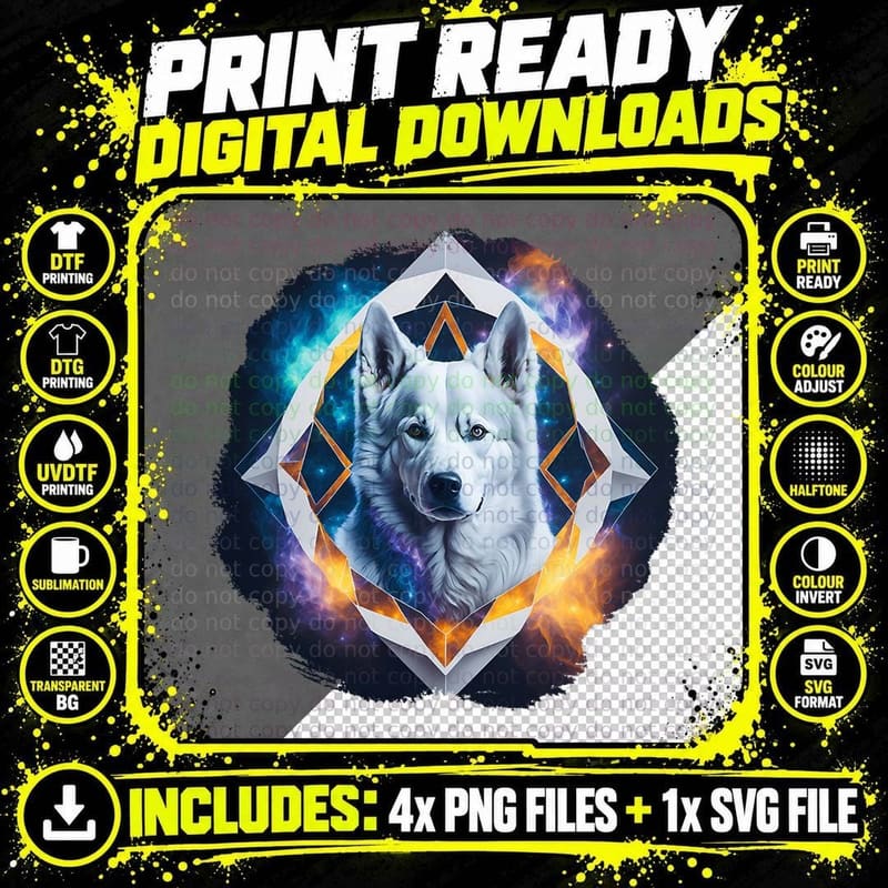 White Siberian Husky Dog Weird Geometric Galaxy Animal Png SVG Digital Bundle