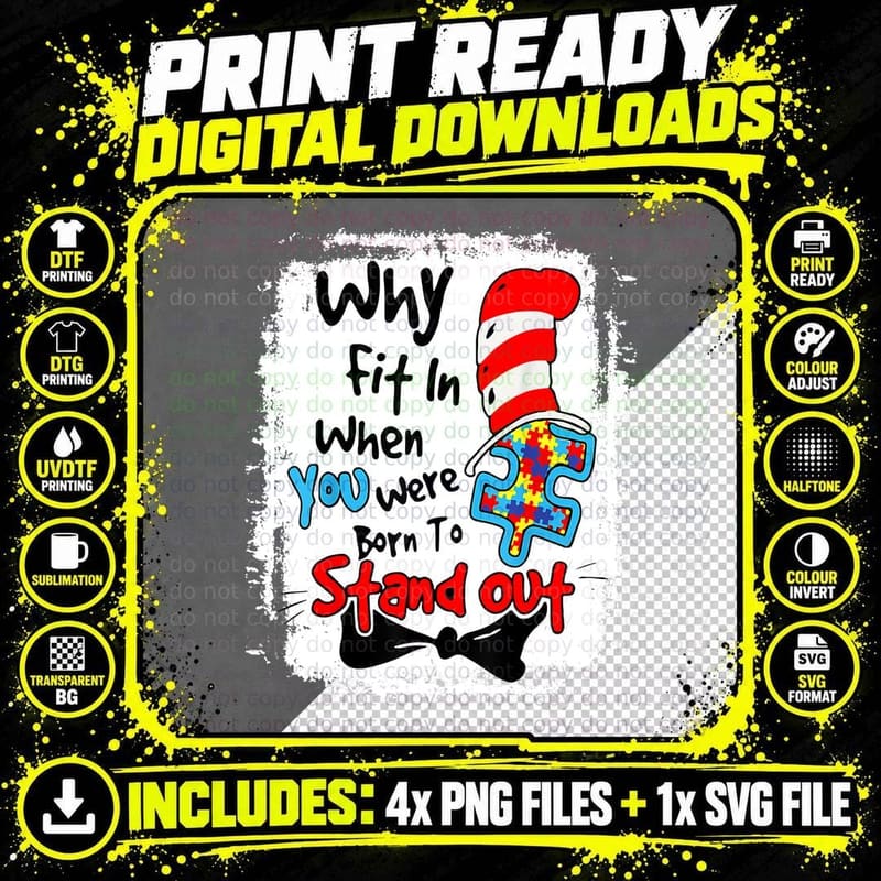 Why Fit in Autism Awareness Doctor Teacher Hat Cat Book Png SVG Digital Bundle