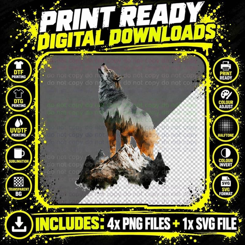 Wolf Howls Mountains Nature Animal Art Animal Lovers Png SVG Digital Bundle