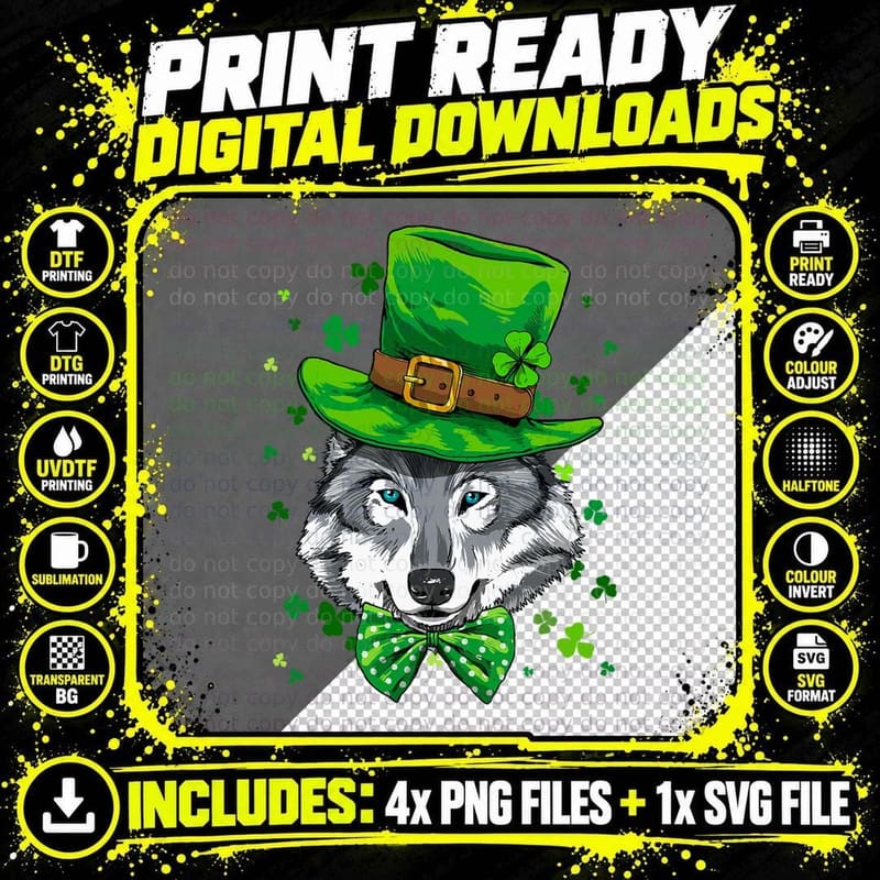 Wolf Leprechaun St Patricks Day Boys Kids Girls Shamrock Png SVG Digital Bundle