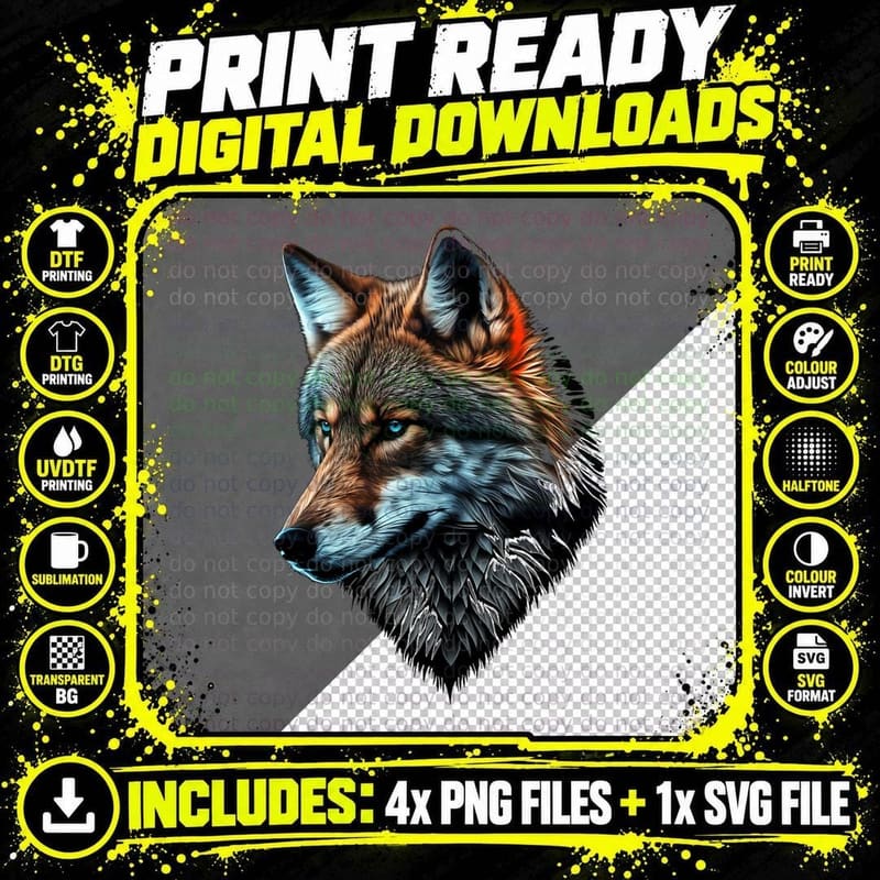 Wolf Portrait Blue Eyes Animal Print Art Wolf T-Shirt Png SVG Digital Bundle