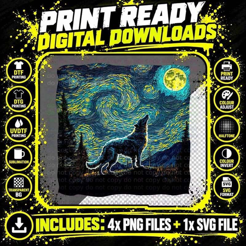 Wolf Starry Night Wilderness Howling Moon Van Gogh Png SVG Digital Bundle