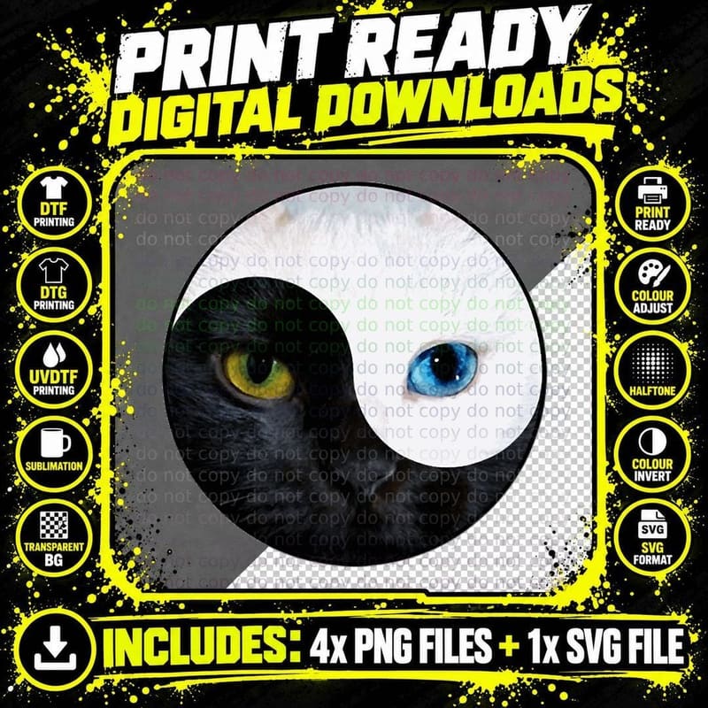 Yin Yang Face Cat Meditation Yoga Black and White Cat Png SVG Digital Bundle
