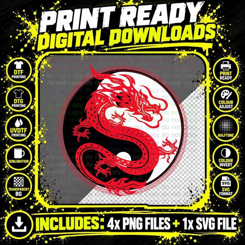 Yin and Yang Dragon Culture Myth Art Chinese Asian Gift Png SVG Digital Bundle