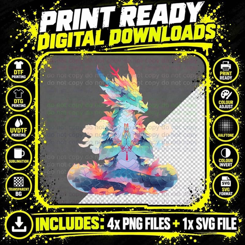 Ying Yang Meditation Dragon Qi Gong Yoga Meditating Png SVG Digital Bundle