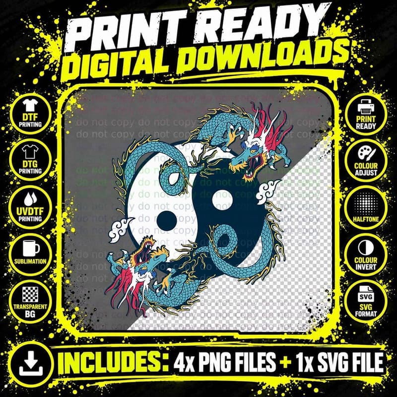 Ying Yang Tai Chi Dragon Design for Meditation Tai Chi Png SVG Digital Bundle