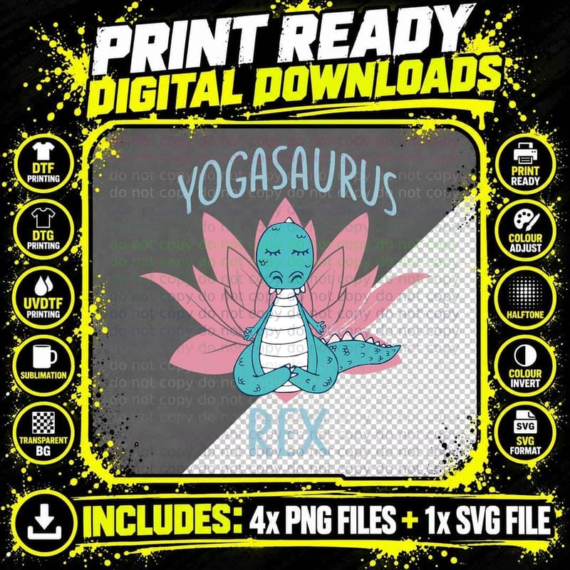 Yogasaurus Rex Funny Namaste Dinosaur Yoga Meditation Png SVG Digital Bundle