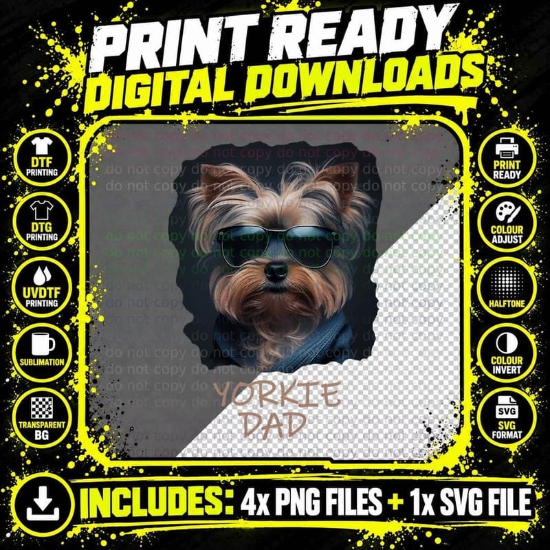 Yorkie Dad - Cute Cool Dog in Sunglasses (C) T-Shirt Png SVG Digital Bundle