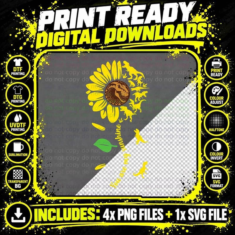 You Are My Sunshine Dinosaur Rex Sunflower Dino Hippie Png SVG Digital Bundle