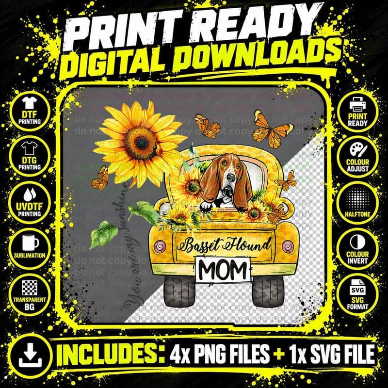 You Are Sunshine Sunflower Basset Hound Dog Mom T-Shirt Png SVG Digital Bundle