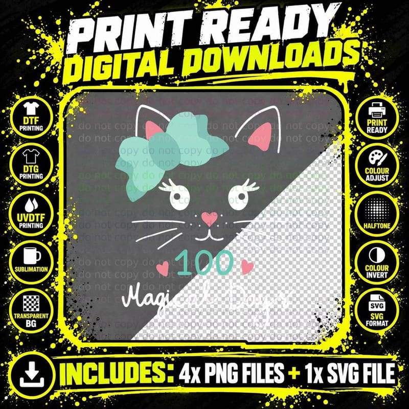 100th Day of School Kitty Cat T-Shirt Png SVG Digital Bundle