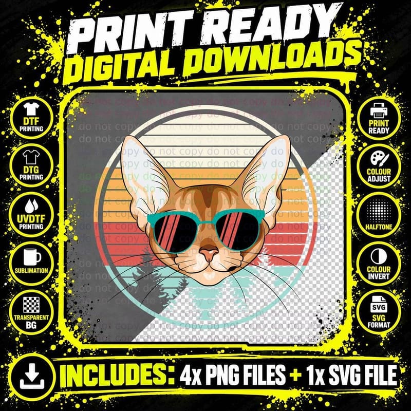 Abyssinian Cat T-Shirt, Sunglasses Style Png SVG Digital Bundle