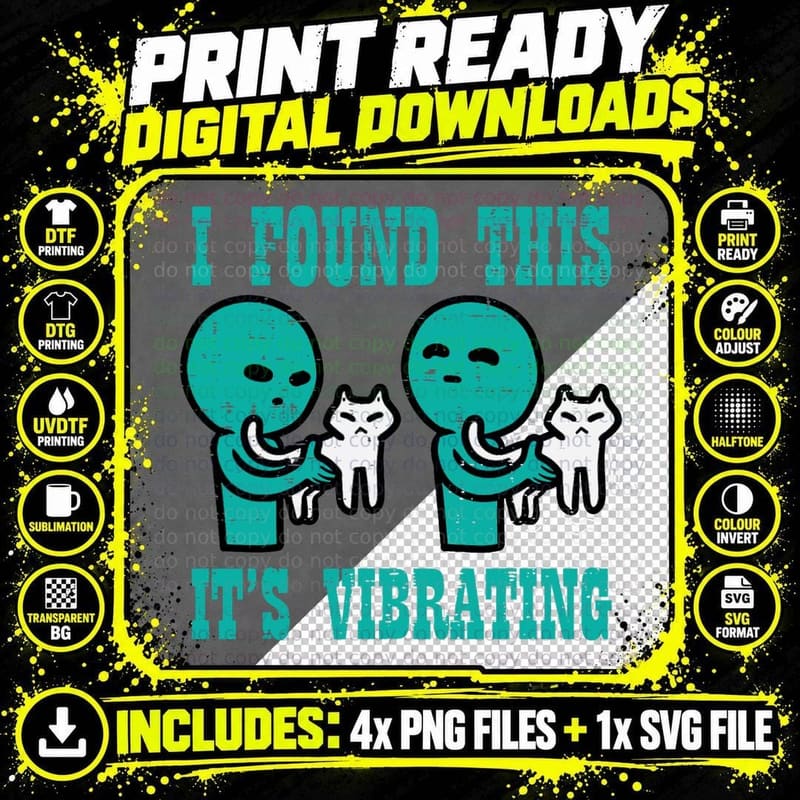 Alien Cat Vibrating UFO T-Shirt, Funny UFO Print Png SVG Digital Bundle