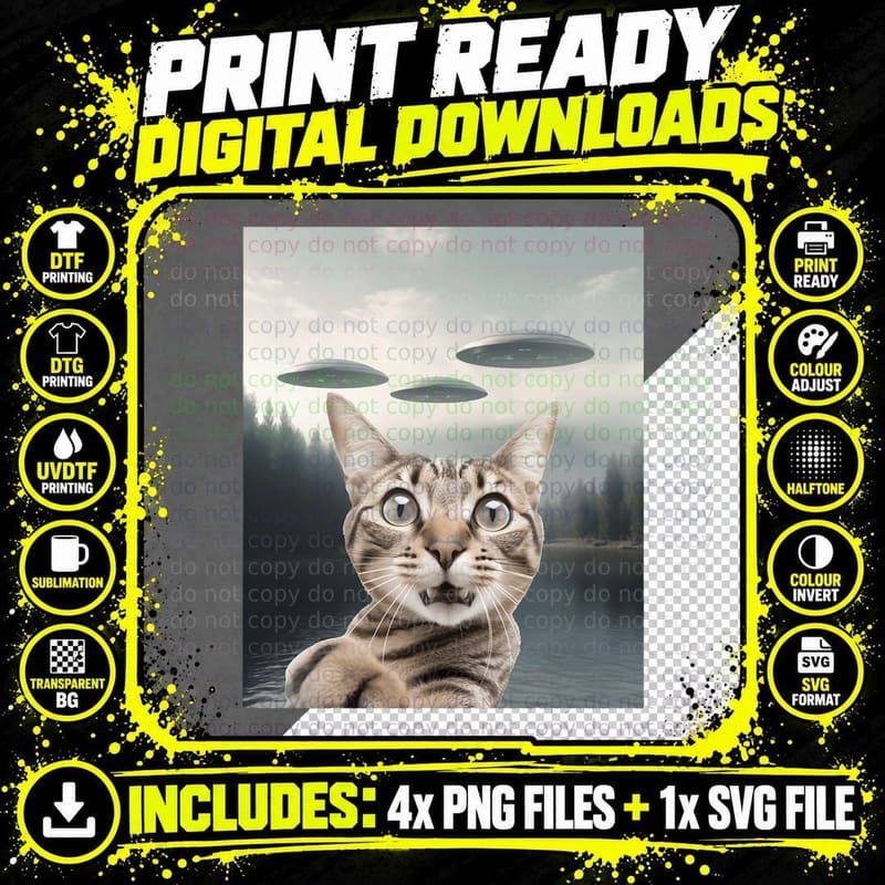 Alien UFO Funny Cat T-Shirt, Space Humor, Cat Dadmom Gift Png SVG Digital Bundle