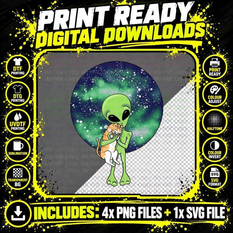 Alien and Cat T-Shirt, Space Fantasy, Pet Lover Apparel Png SVG Digital Bundle