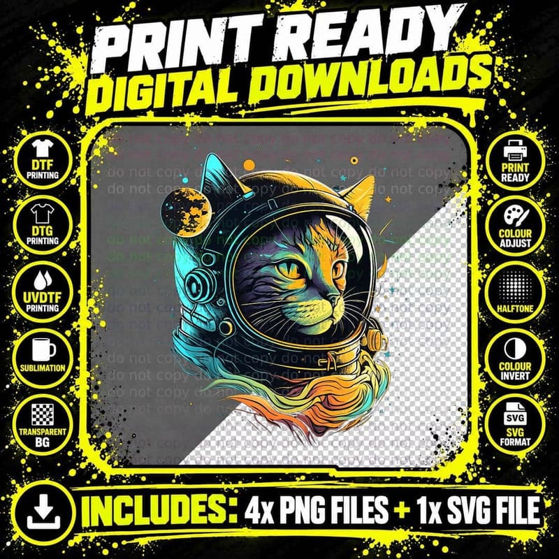 Astronaut Cat T-Shirt, Space Cat Galaxy Print Png SVG Digital Bundle