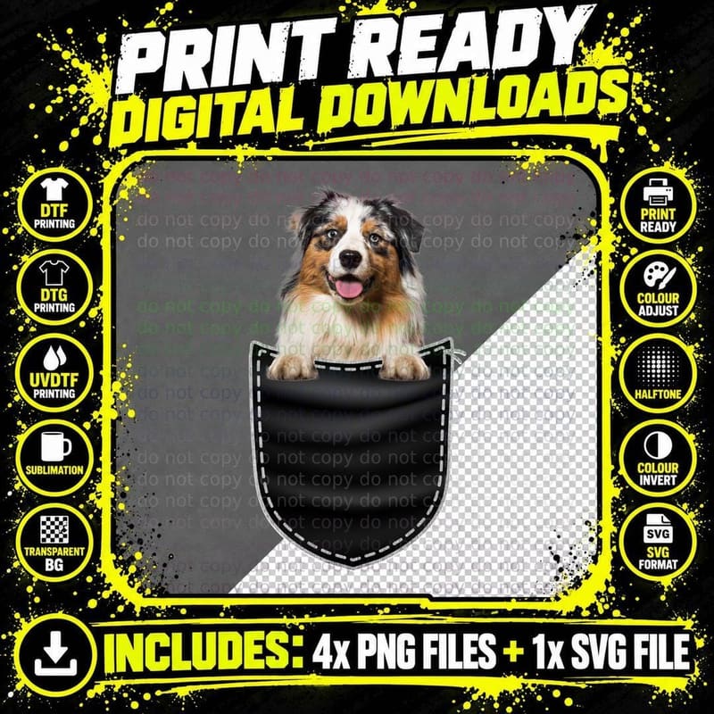Australian Shepherd in Pocket T-Shirt, Pet Lover Apparel Png SVG Digital Bundle