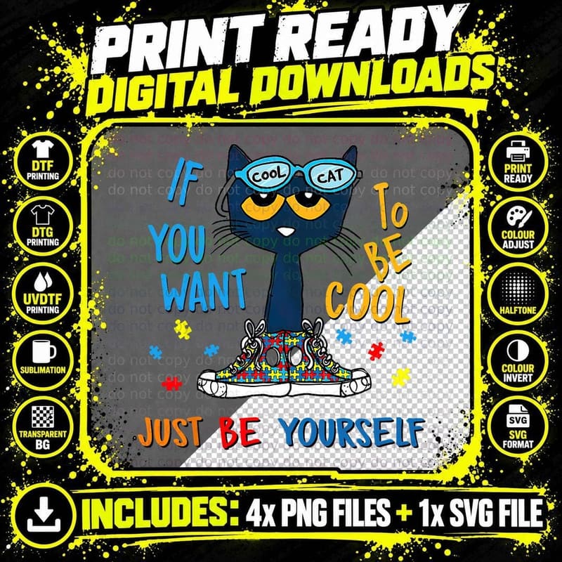 Autism Warrior Cat T-Shirt, Cool Cat Design Png SVG Digital Bundle