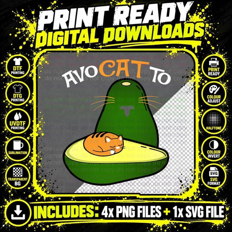 Avocado Cat T-Shirt, Funny Animal Print Png SVG Digital Bundle