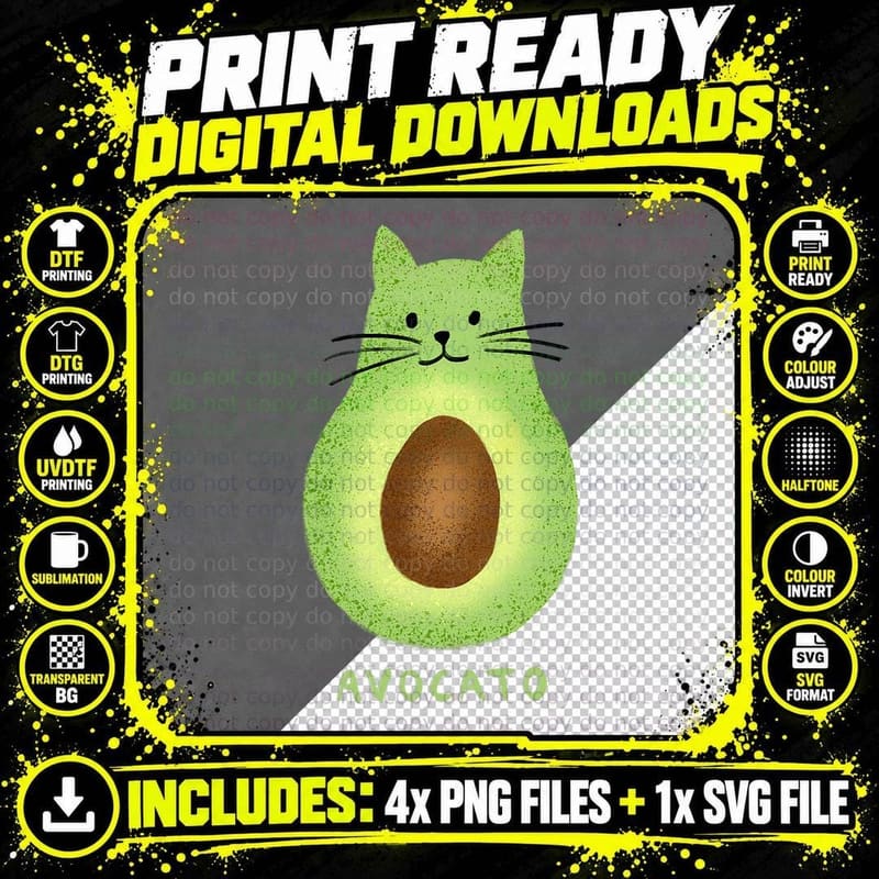 Avocado Cat T-Shirt, Vegan Humor, Cat Lover Apparel Png SVG Digital Bundle