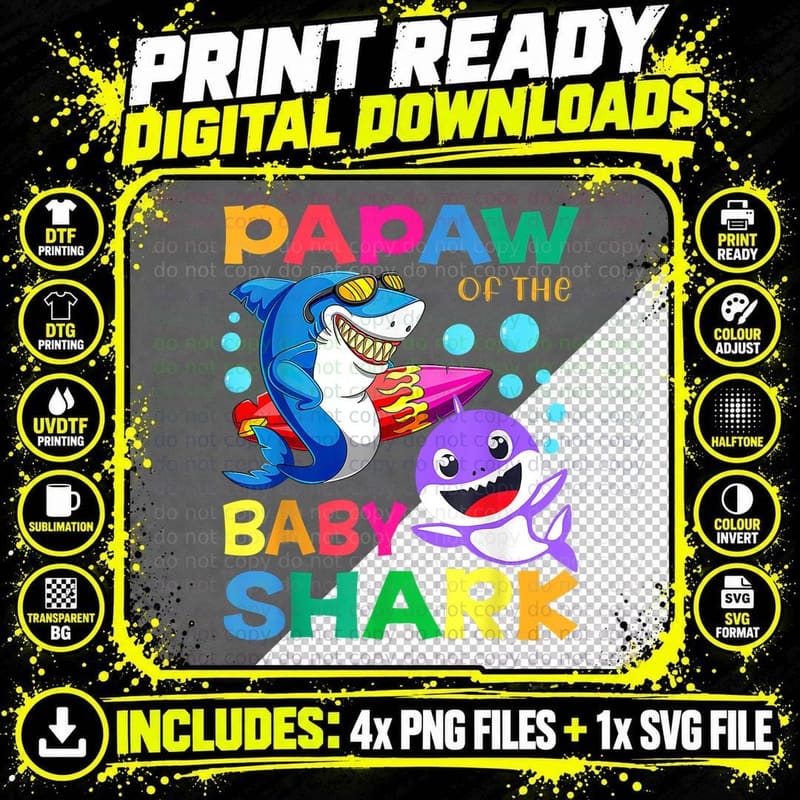Baby Shark Papaw T-Shirt, Shark Family Theme Png SVG Digital Bundle
