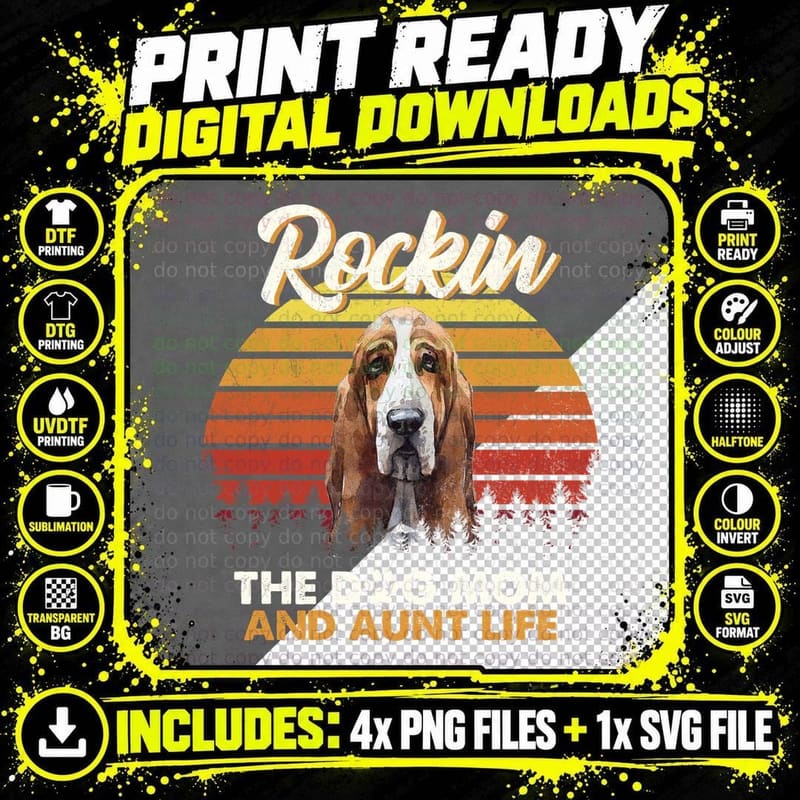 Basset Hound T-Shirt, Retro Sunset Style, Dog Mom Apparel Png SVG Digital Bundle