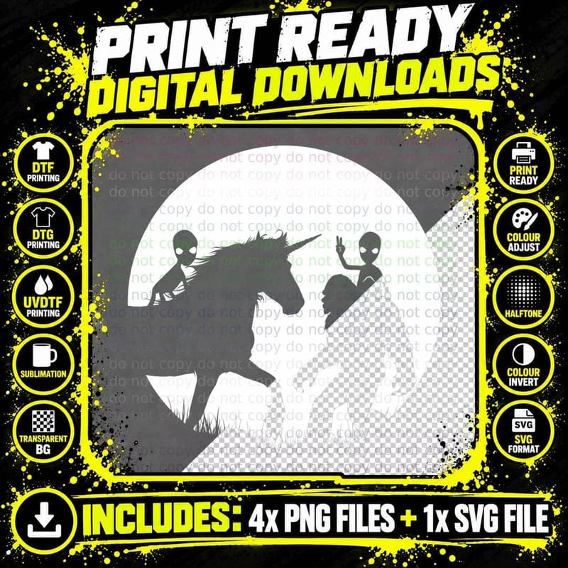 Bigfoot Unicorn Horse Alien Riding Unicorn Funny Aliens Png SVG Digital Bundle