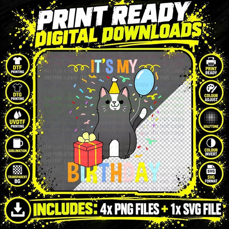 Birthday Cat T-Shirt, Party Celebration Png SVG Digital Bundle