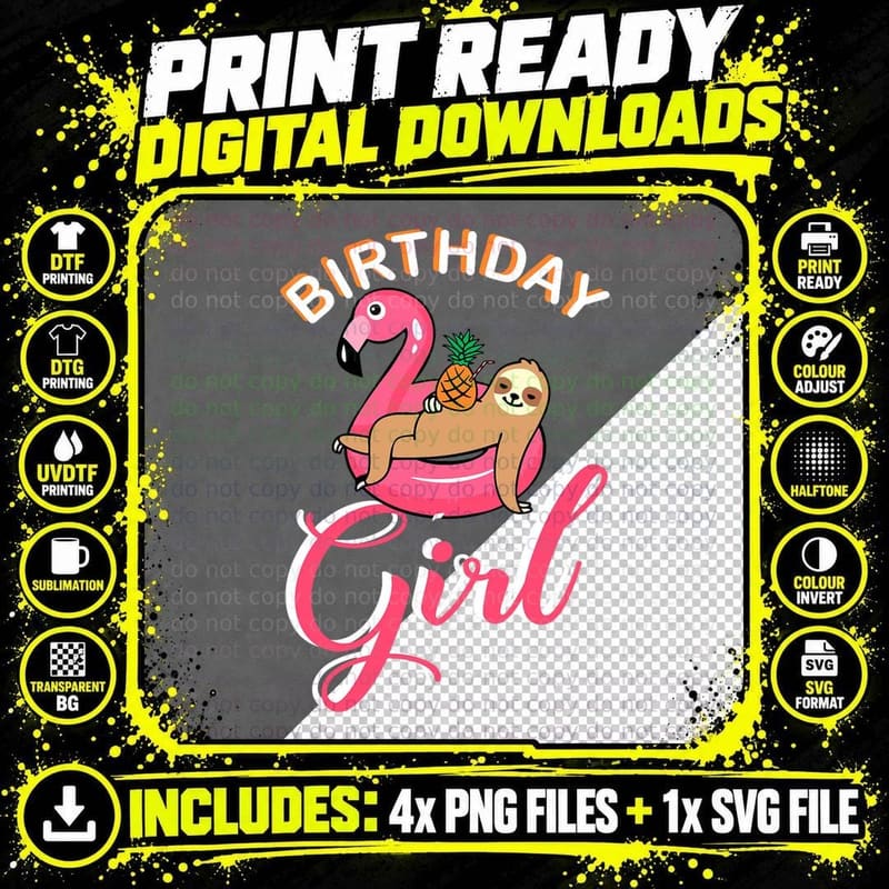 Birthday Girl Sloth Flamingo Pineapple Pool Party T-Shirt Png SVG Digital Bundle