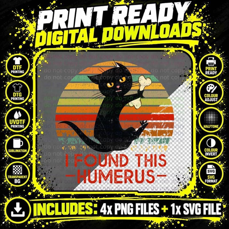 Black Cat Holding Bone T-Shirt, Vintage Retro Style Png SVG Digital Bundle