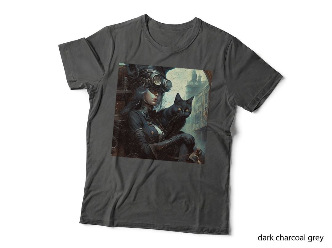 Black Cat Nursing Steampunk T-Shirt, Gothic Victorian Style
