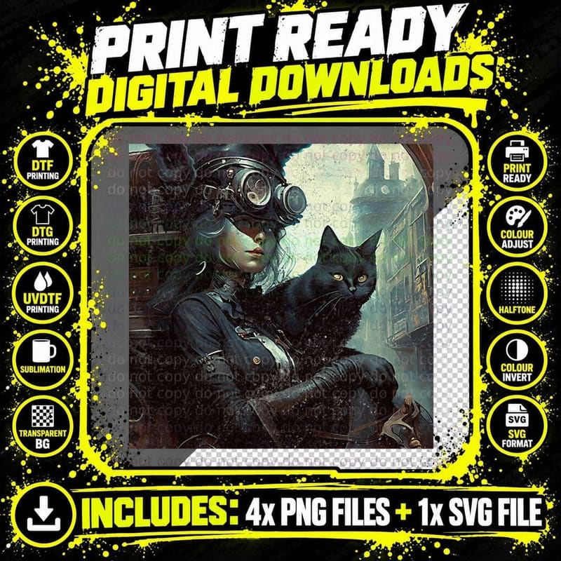 Black Cat Nursing Steampunk T-Shirt Png SVG Digital Bundle