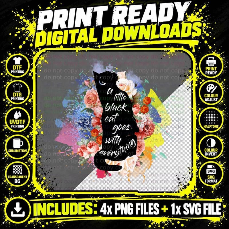 Black Cat T-Shirt, Floral Botanical Print Png SVG Digital Bundle