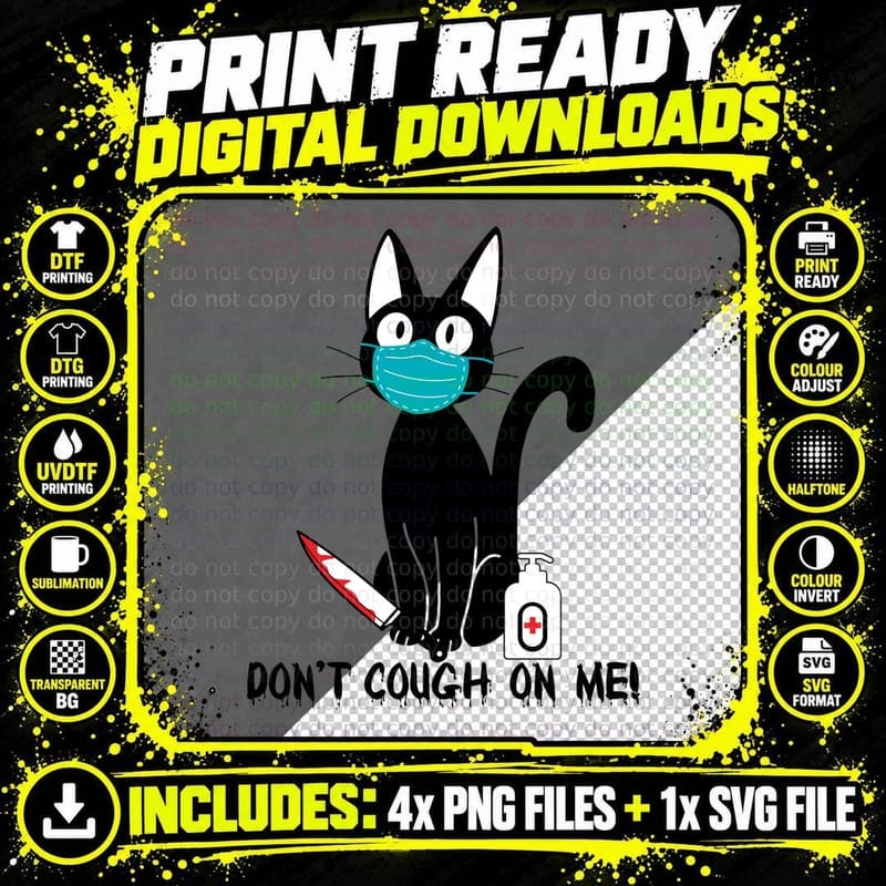 Black Cat with Surgical Mask T-Shirt, Funny Sarcasm Png SVG Digital Bundle