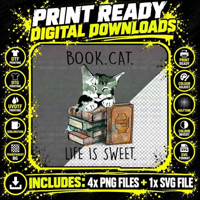 Book Cat T-Shirt, Literary Cat Print, Pet Lover Apparel Png SVG Digital Bundle
