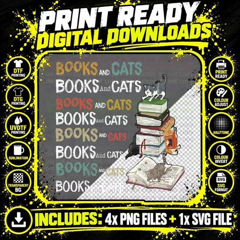Books and Cats T-Shirt, Literary Cat Print Png SVG Digital Bundle