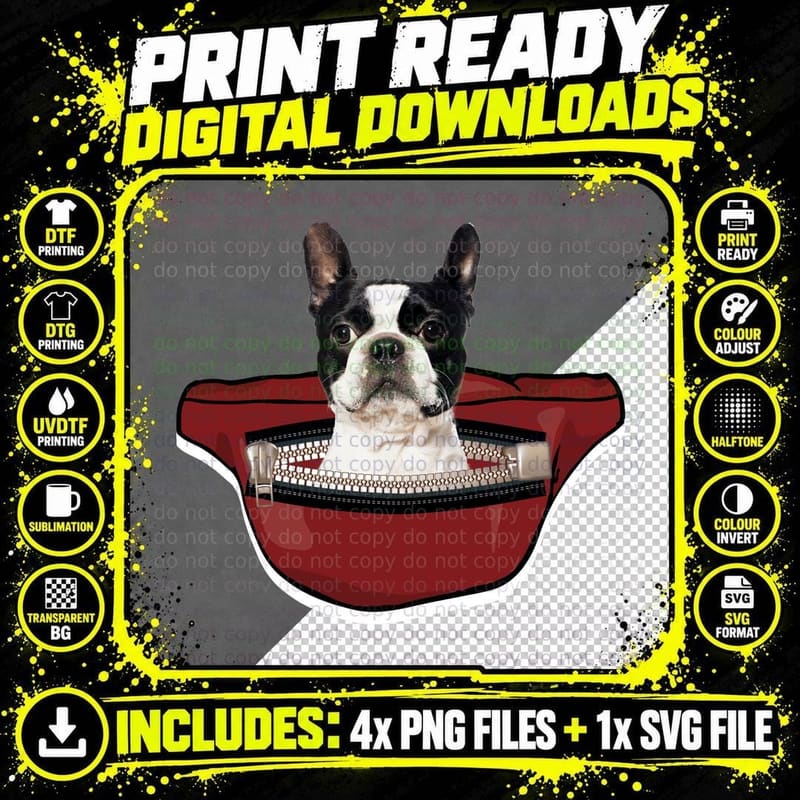 Boston Terrier in Fanny Pack T-Shirt, Pet Lover Apparel Png SVG Digital Bundle